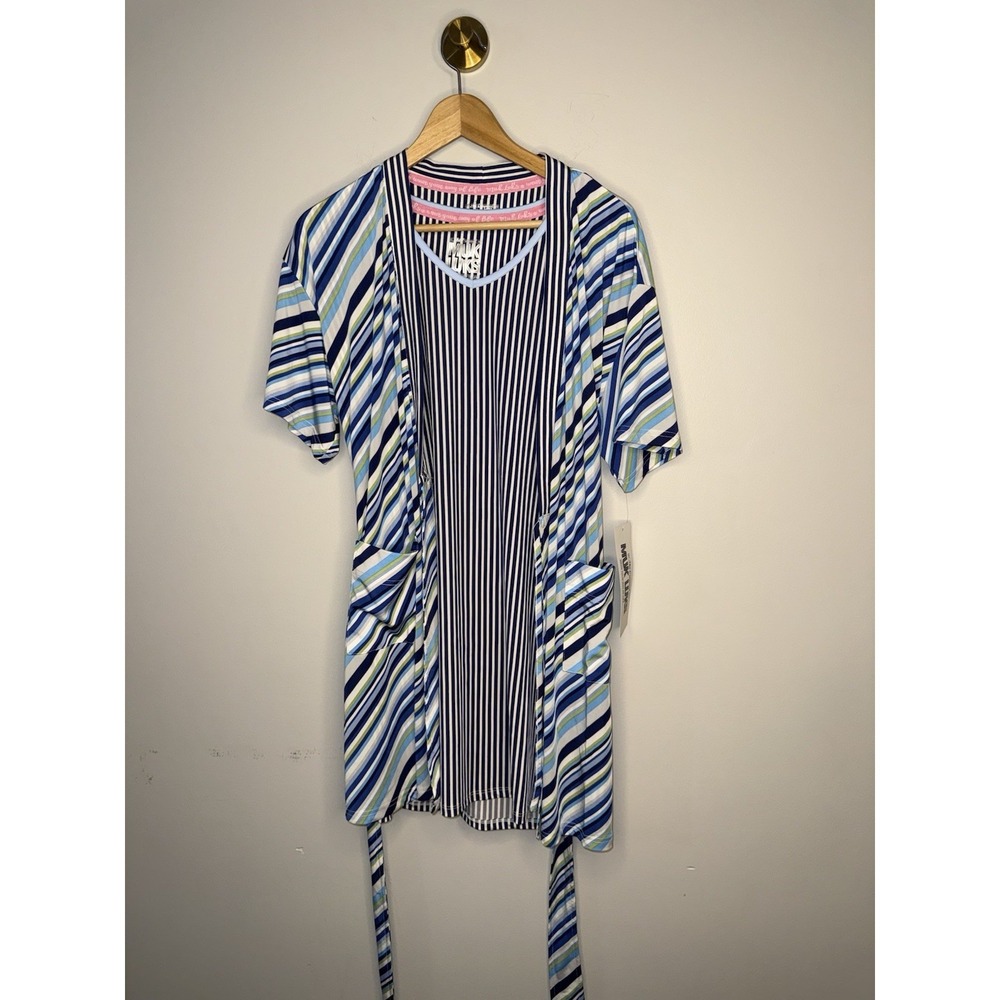 , MUK LUKS Silky Knit Short Sleeve Chemise and wrap Navy Stripe,‎ Small